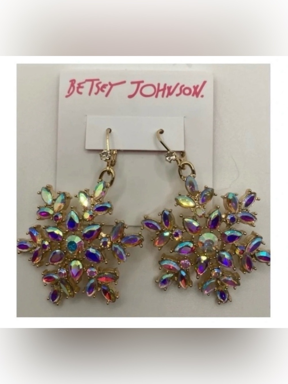 BETSEY JOHNSON Aurora Borealis Christmas Snowflake Earrings Golden-Tone  NEW NWT